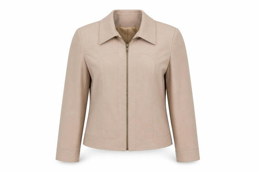 Front view of Select women’s beige jacket, size UK 8, zip