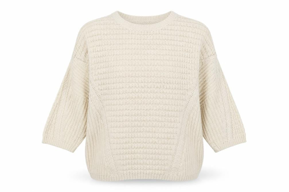 Front view of Atmosphere women’s beige round neck acrylic jumper, size UK 14