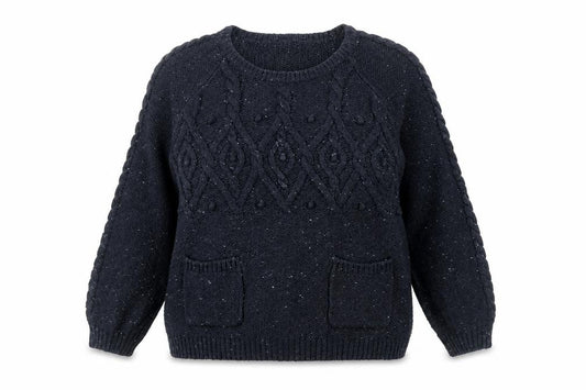 Front view of Papaya women’s blue boat neck acrylic jumper, size UK 12, - cable knit detail
