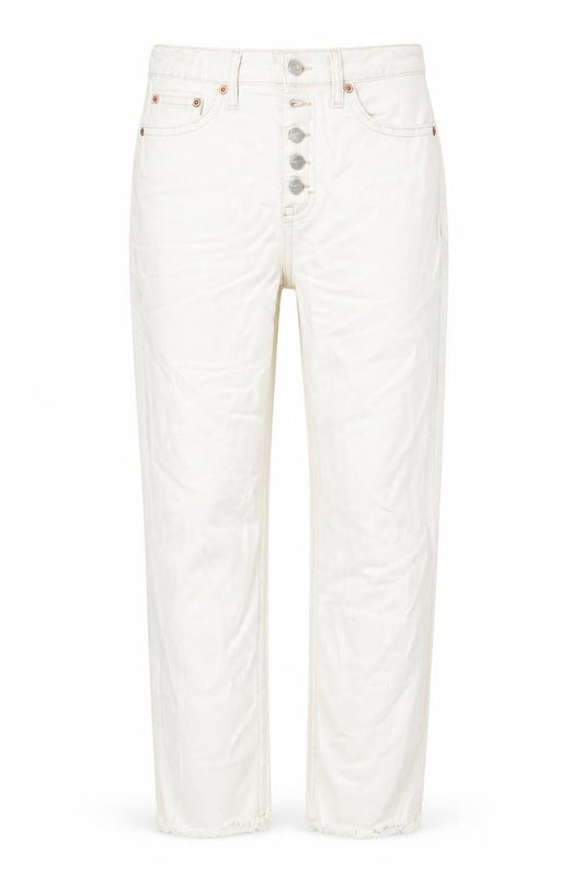 Front view of Topshop women’s white cotton straight jeans, size UK 26, in, 27-inch leg regular button - distressed hems
