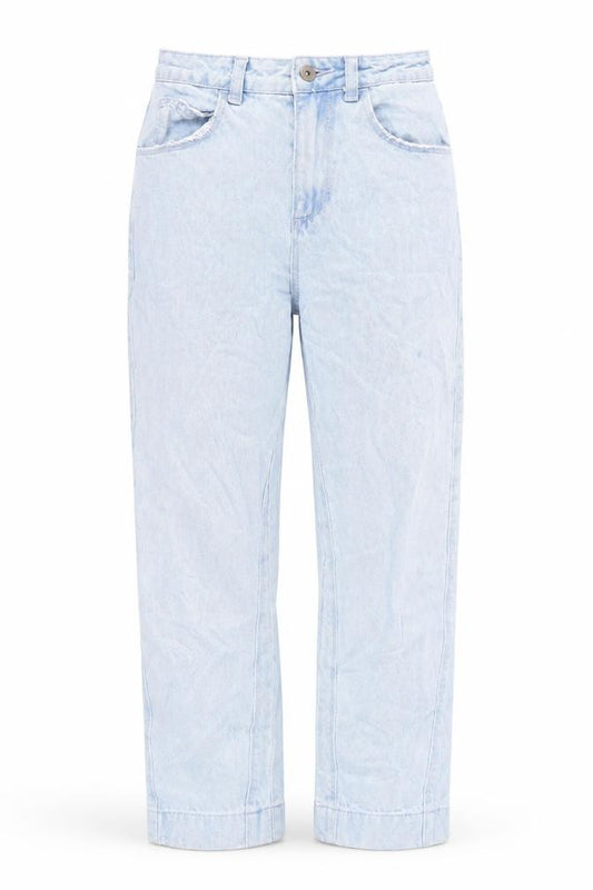 Front view of Collusion women’s blue 100% cotton mom jeans, size UK 25, in, 28-inch leg regular zip