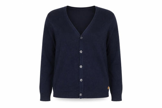 Front view of Zara women’s blue v-neck cotton cardigan jumper, size UK 8