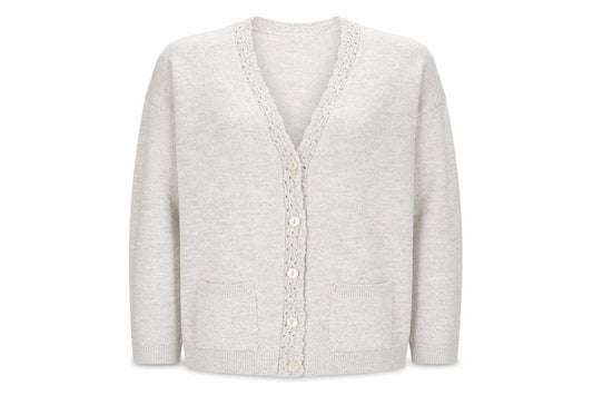 Front view of Classics women’s beige v-neck acrylic cardigan jumper, size L