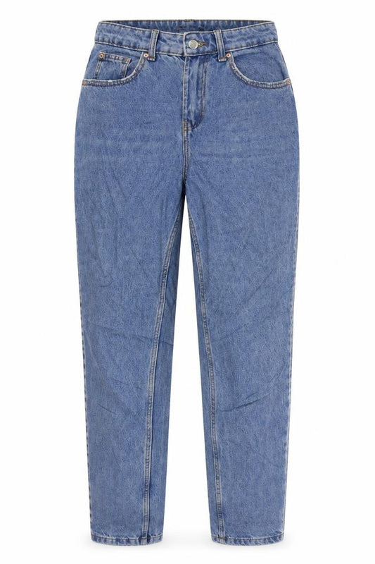 Front view of Denim & Co. women’s blue cotton mom jeans, size UK 8, 28-inch leg regular zip