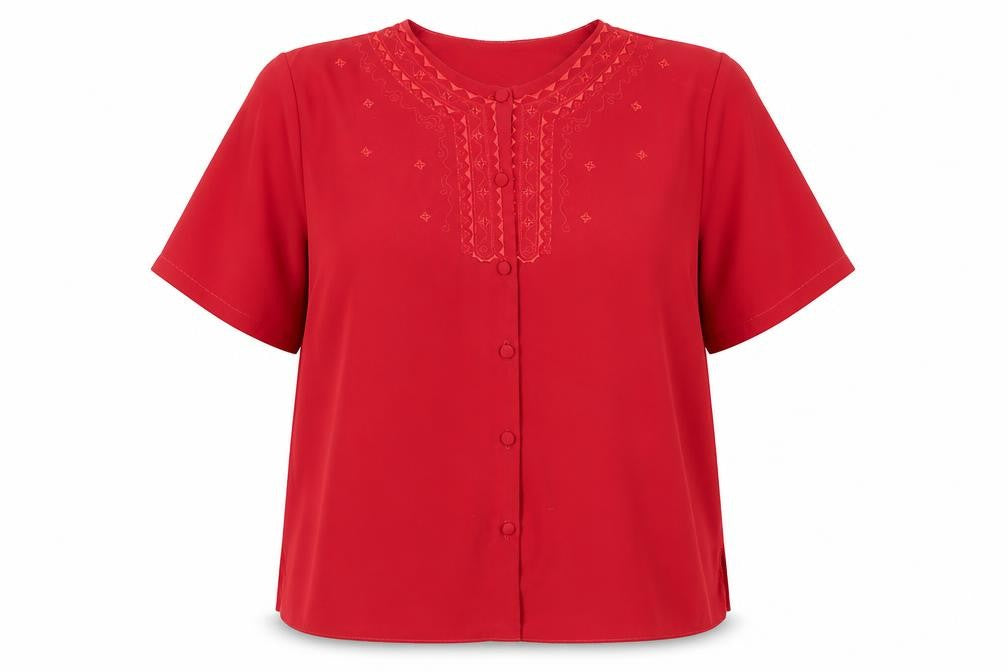 Front view of Bold Green London women’s red fair isle polyester basic button-up, size UK 18, crew neck