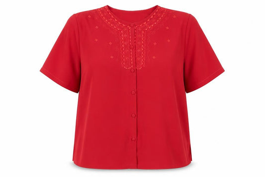 Front view of Bold Green London women’s red fair isle polyester basic button-up, size UK 18, crew neck