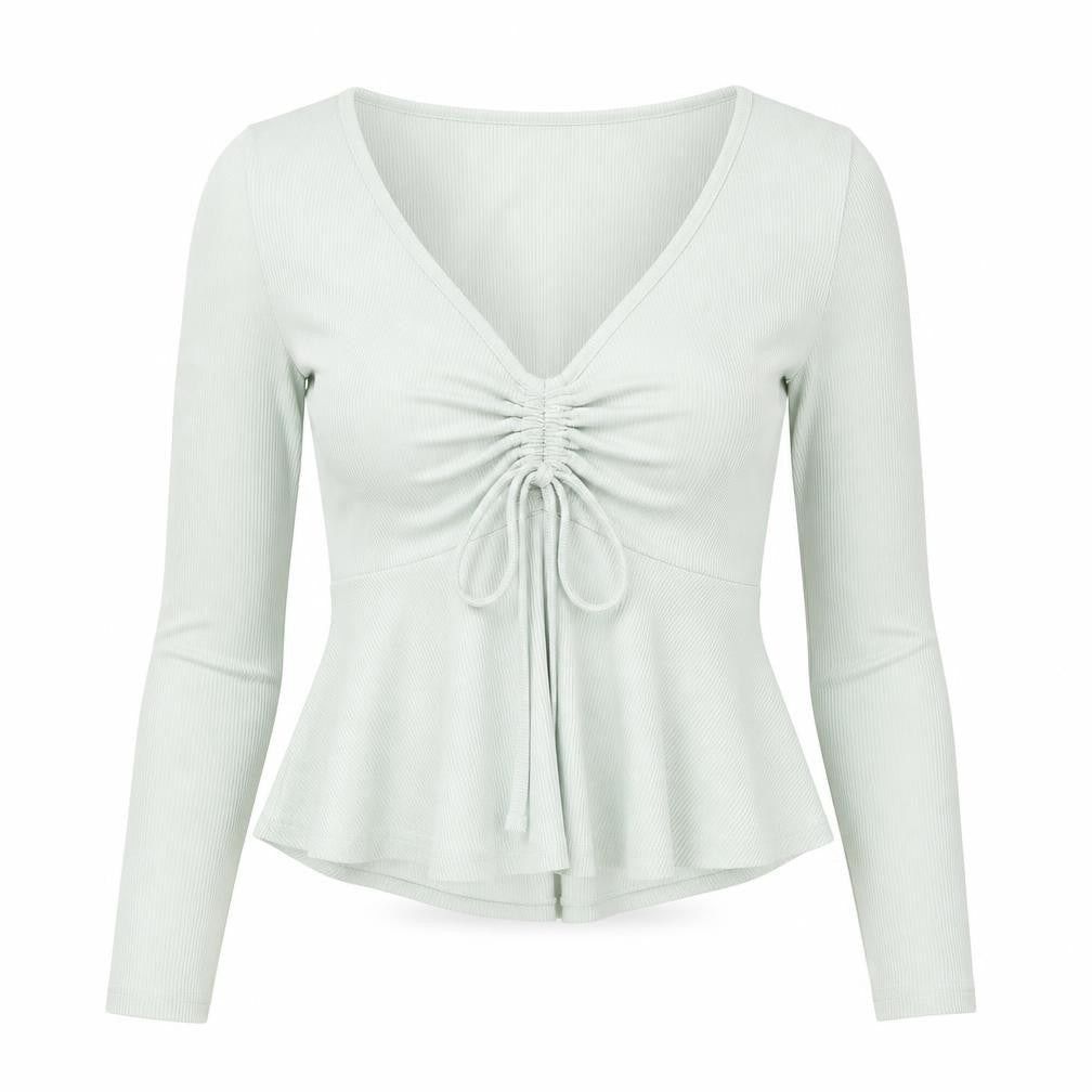Front view of SHEIN women’s green polyester basic t-shirt, size XS, v-neck - ruched detail
