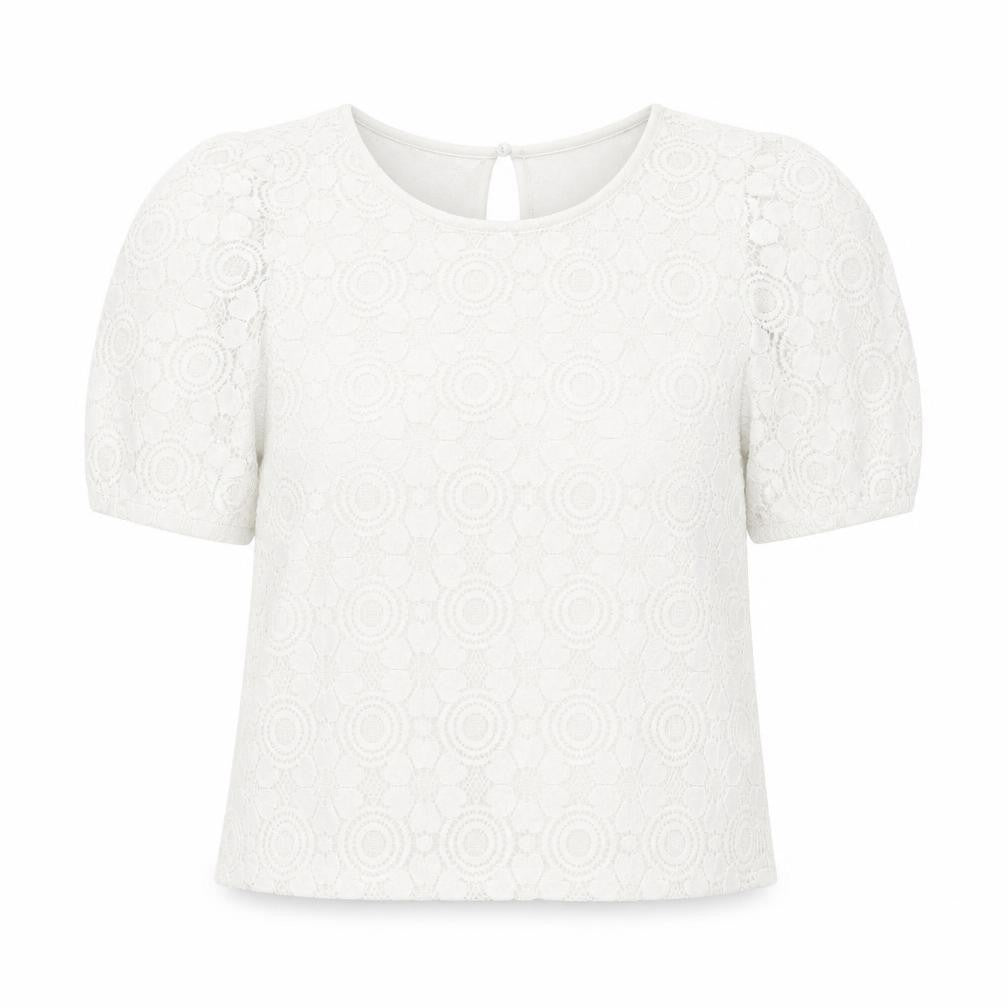 Front view of New Look women’s white floral polyamide basic t-shirt, size UK 6, crew neck