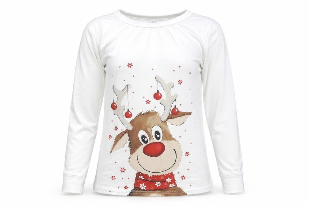 Front view of women’s white polyester pullover sweatshirt, size S, pullover - reindeer