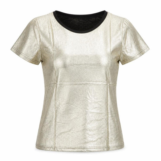 Front view of Up Tou Collection women’s gold polyester basic t-shirt, size S, crew neck