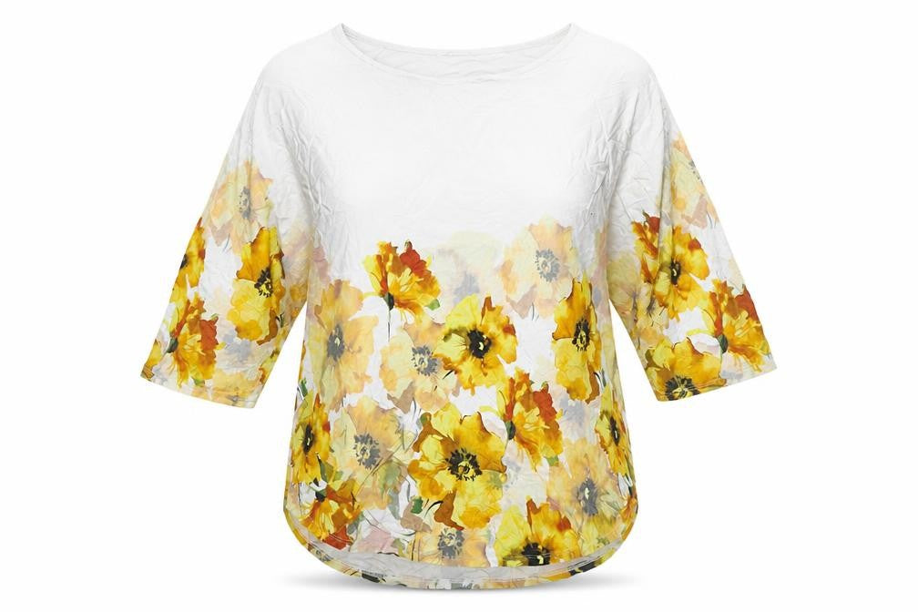 Front view of Roman women’s white floral polyester basic t-shirt, size UK 12, round neck