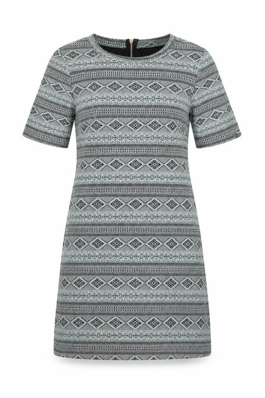 Front view of H&M women’s green geometric polyester a-line, size XS, round neck zip