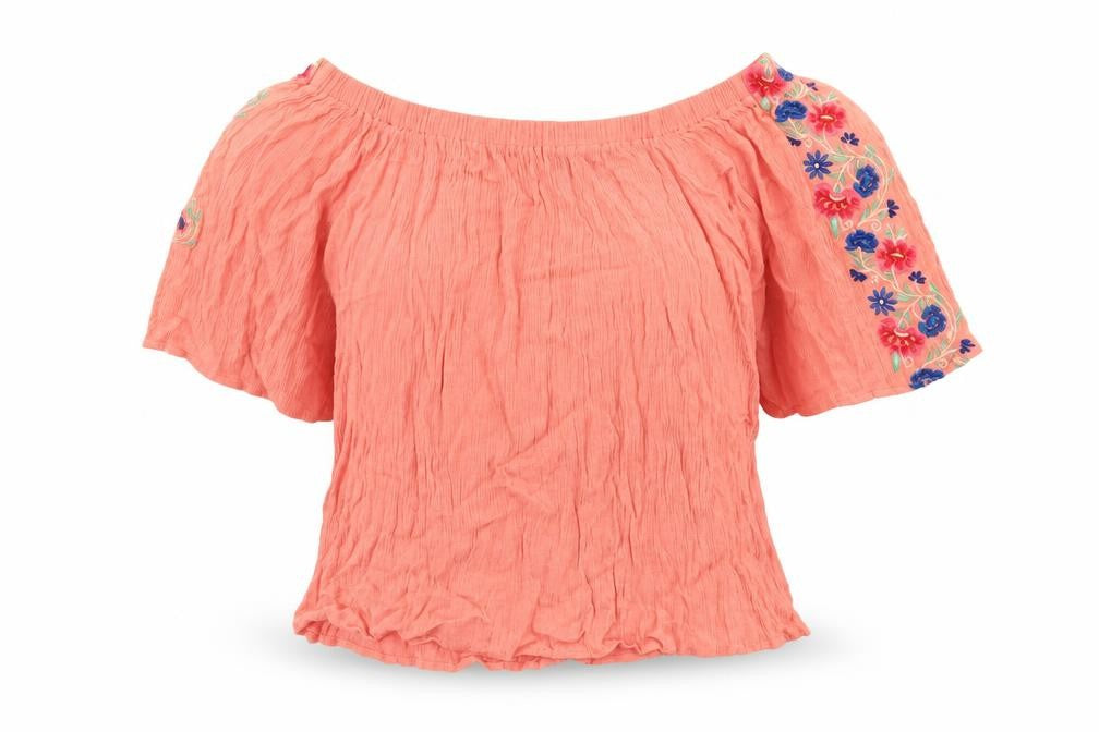 Front view of Atmosphere women’s orange viscose basic blouse, size UK 10, off the shoulder