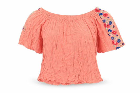 Front view of Atmosphere women’s orange viscose basic blouse, size UK 10, off the shoulder