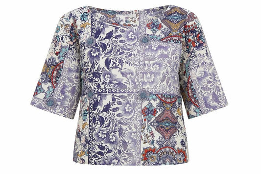 Front view of Next women’s multicoloured geometric polyester basic blouse, size UK 12, round neck
