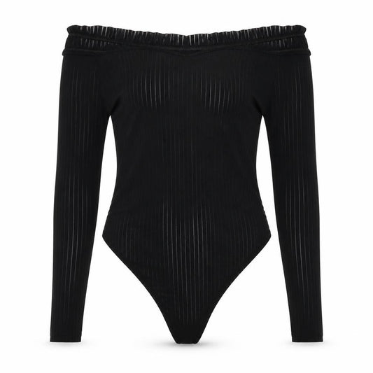 Front view of PRETTYLITTLETHING women’s black polyester bodysuit one-piece, size UK 12, snap