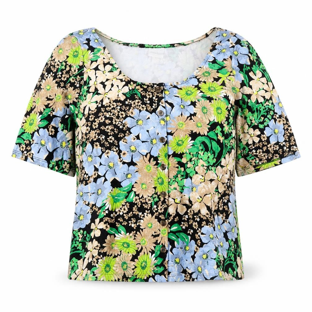 Front view of H&M women’s multicoloured floral viscose basic blouse, size S, scoop neck