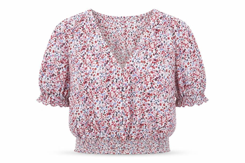 Front view of Jack Wills women’s multicoloured floral viscose basic blouse, size UK 4, v-neck