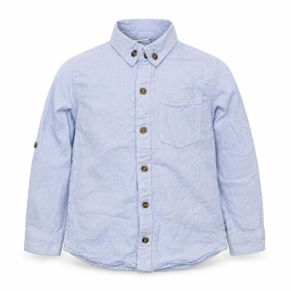 Front view of Mini Club boys’ blue striped 100% cotton basic button-up, size 2-3, years collared button