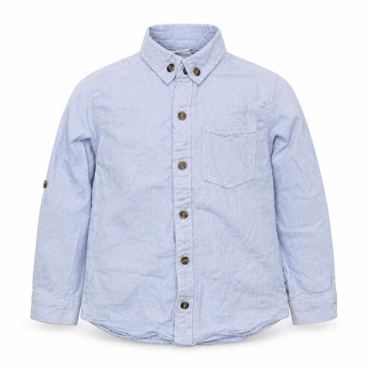 Front view of Mini Club boys’ blue striped 100% cotton basic button-up, size 2-3, years collared button