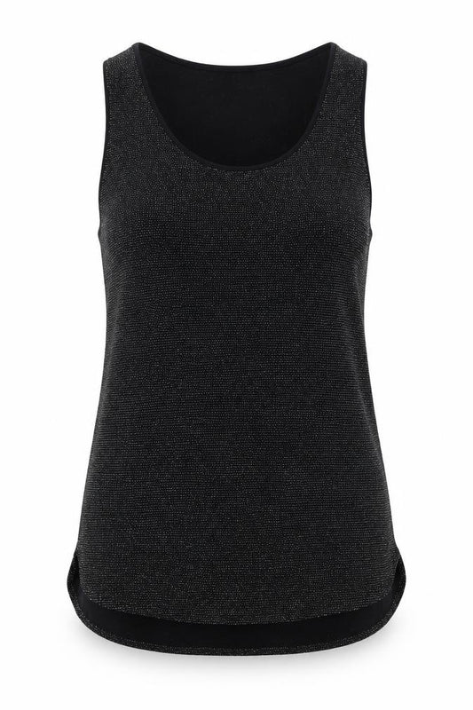 Front view of Oasis women’s black nylon basic tank, size M, scoop neck