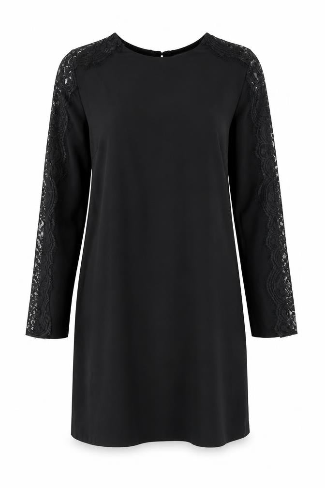 Front view of Primark women’s black polyester shift, size UK 10, round neck pullover - lace detail