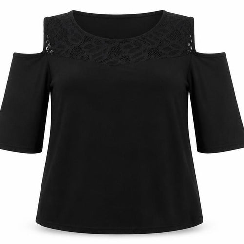 89th & Madison Womens Black Polyester Basic T-Shirt Size XL Round Neck - Cold Shoulder Lace detail