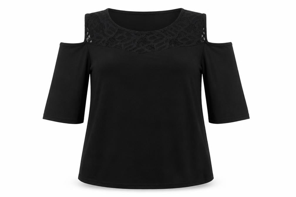89th & Madison Womens Black Polyester Basic T-Shirt Size XL Round Neck - Cold Shoulder Lace detail