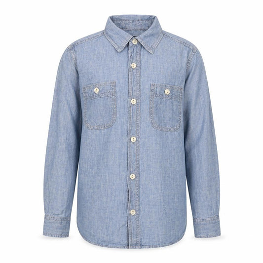 Front view of Gap girls’ blue cotton basic button-up, size 10-11, years collared button