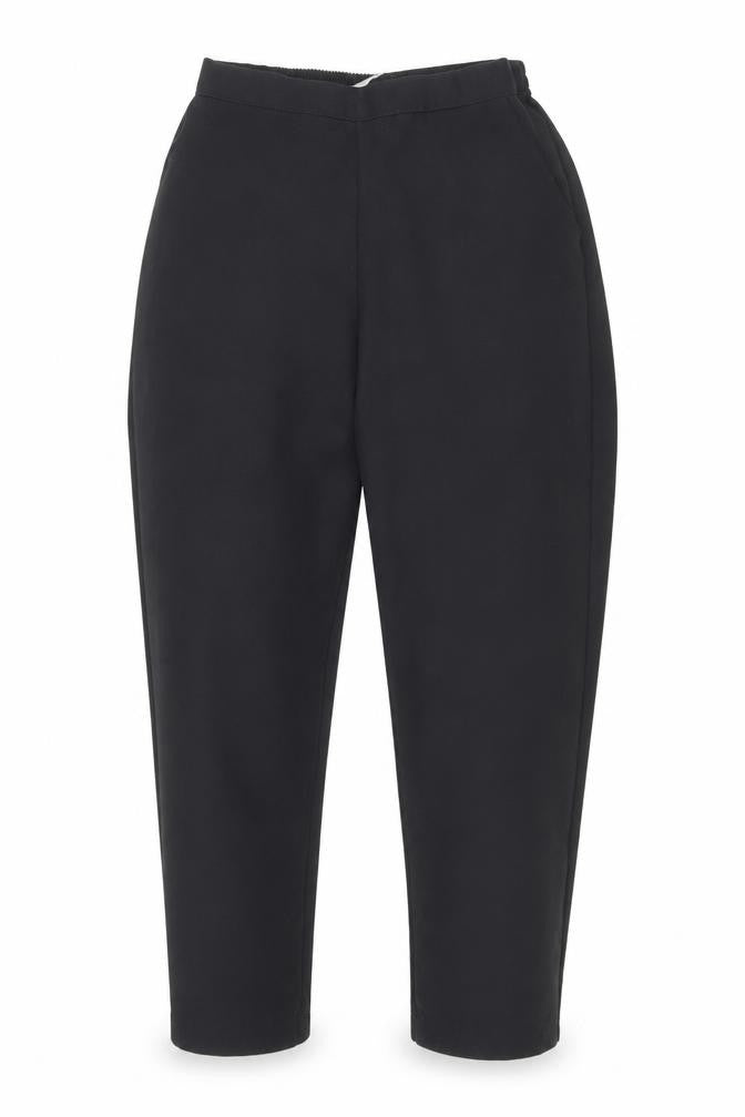 Front view of Preworn women’s black polyester carrot trousers, size UK 10, 24-inch leg regular drawstring