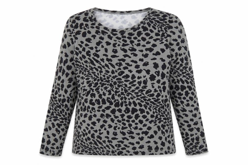 Miao Womens Grey Animal Print Cotton Basic T-Shirt Size L Round Neck - Leopard print