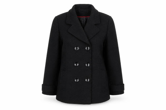 Front view of Classics women’s black overcoat coat, size UK 14, button