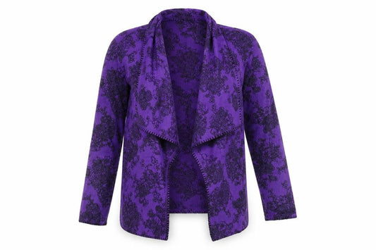 Front view of Carole Hochman women’s purple v-neck floral polyester cardigan jumper, size S