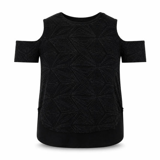 Front view of Quiz women’s black polyester basic blouse, size UK 14, round neck