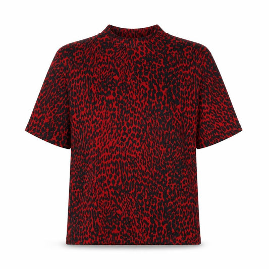 Front view of Zara women’s red animal print polyester basic t-shirt, size S, round neck