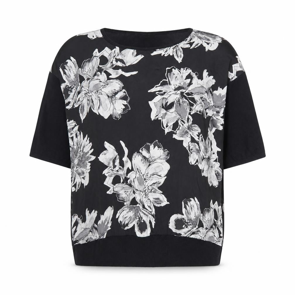 Front view of Papaya women’s black floral viscose basic blouse, size M, round neck