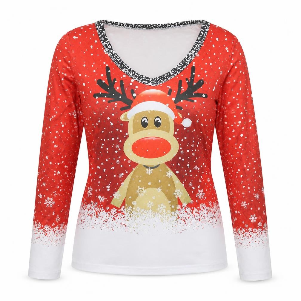 Front view of ChicMe women’s multicoloured cotton basic t-shirt, size M, v-neck - reindeer