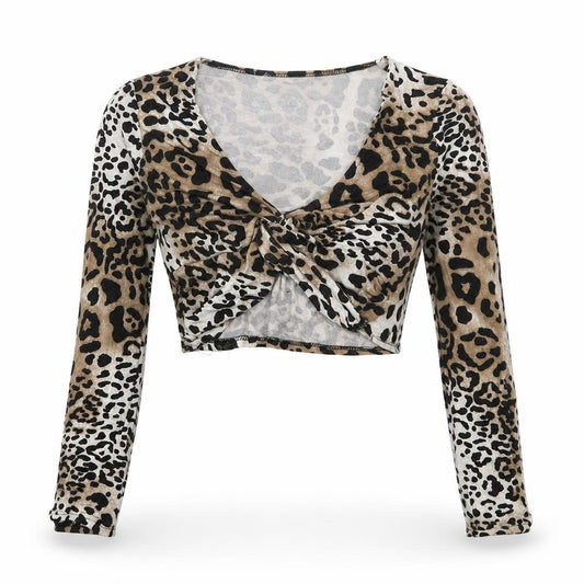 Front view of PRETTYLITTLETHING women’s brown animal print viscose cropped t-shirt, size UK 10, v-neck