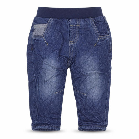Front view of George boys’ blue 100% cotton jogger jeans, size 6-9, months pullover