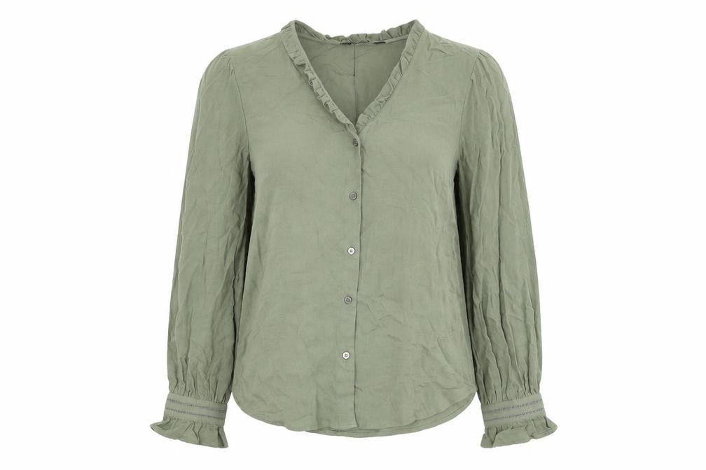 Front view of Marks & Spencer women’s green viscose basic button-up, size UK 6, v-neck