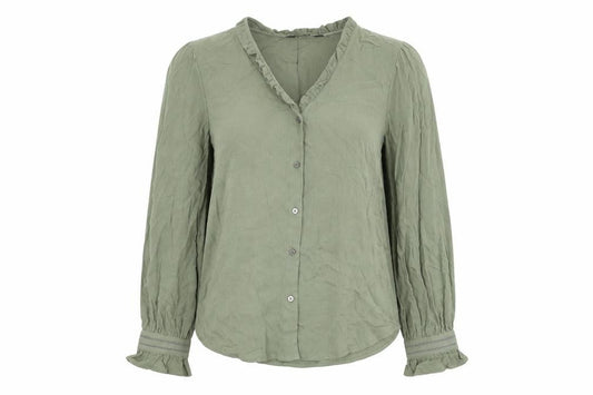 Front view of Marks & Spencer women’s green viscose basic button-up, size UK 6, v-neck