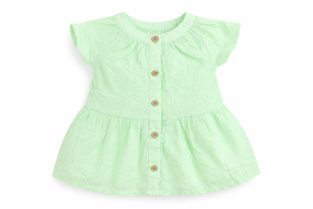 Front view of Marks & Spencer girls’ green floral polyester basic blouse, size 3-6, months round neck button