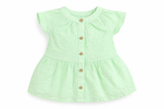 Front view of Marks & Spencer girls’ green floral polyester basic blouse, size 3-6, months round neck button