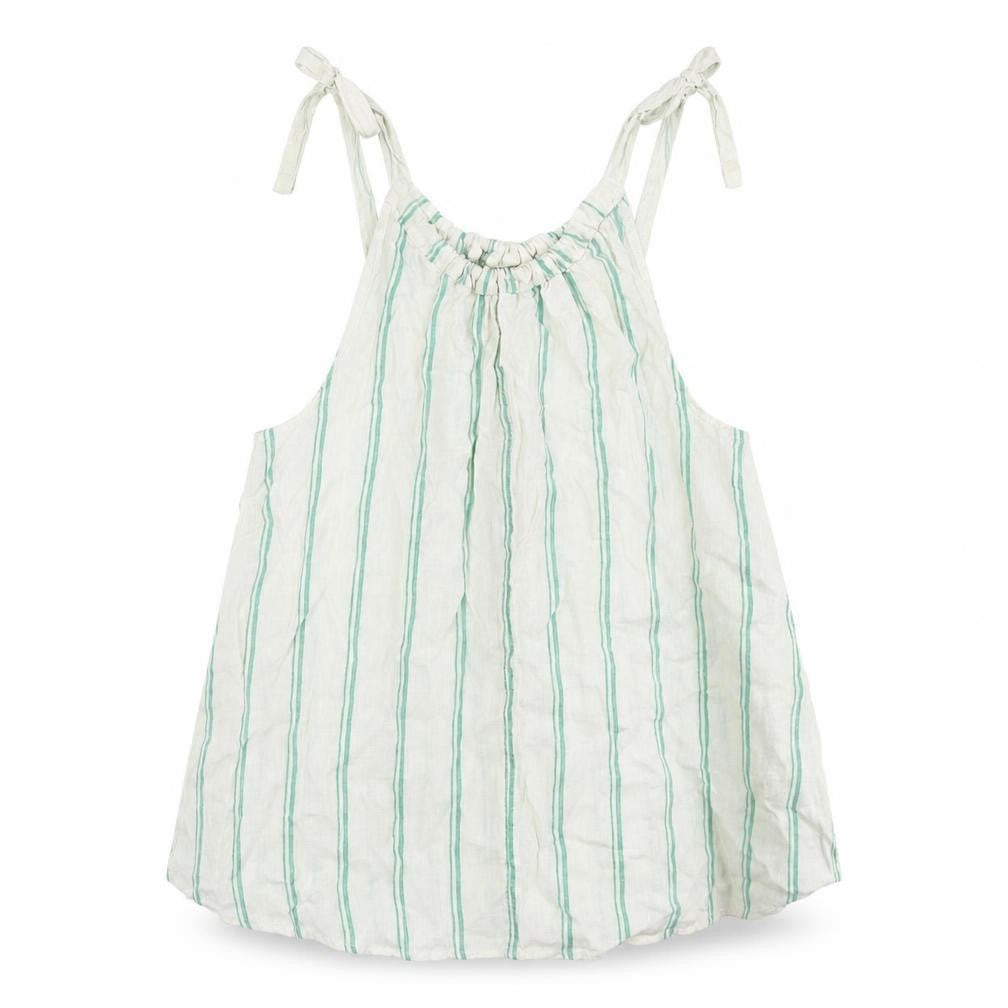 Front view of Marks & Spencer women’s white striped flax basic blouse, size UK 10, round neck
