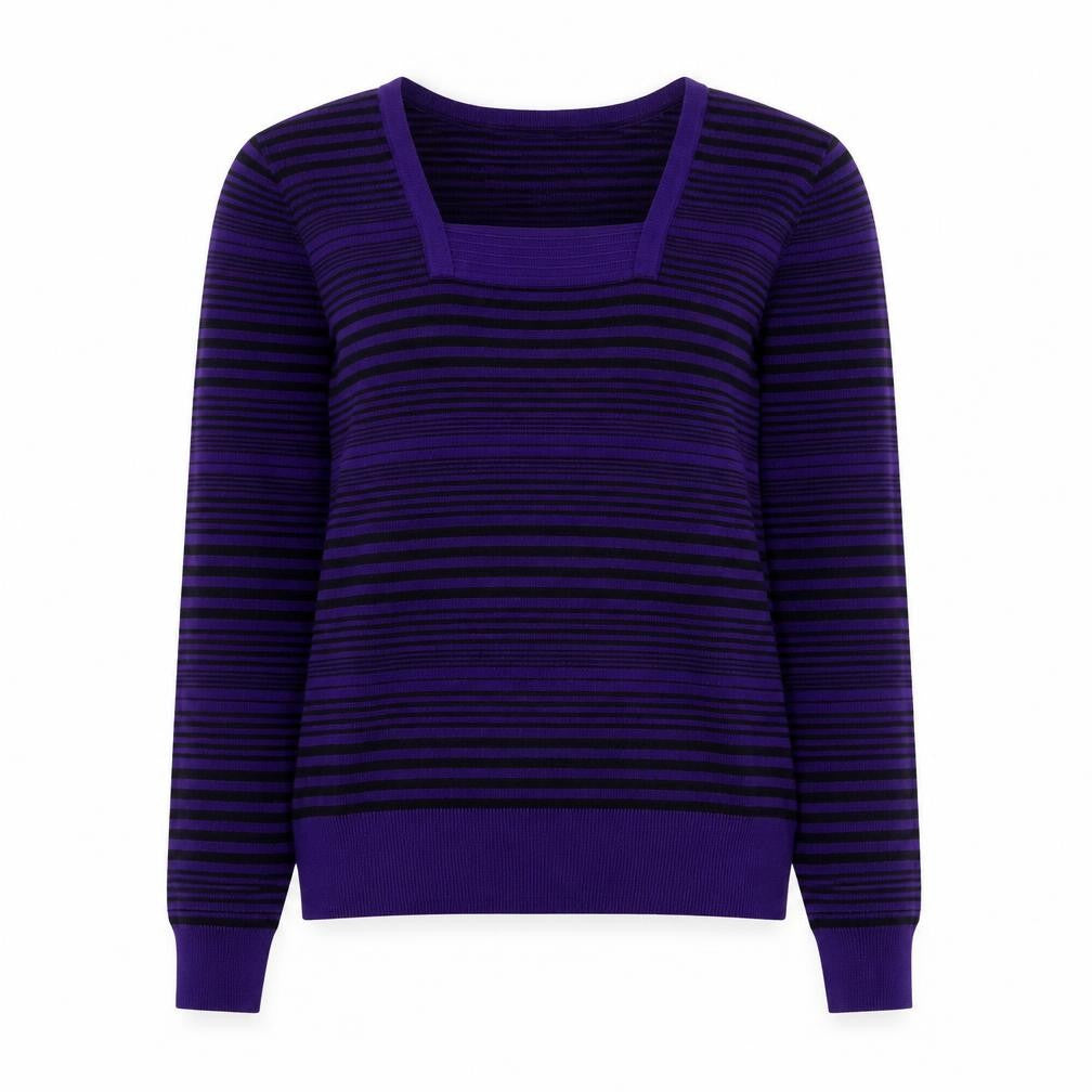 Front view of John Lewis women’s purple square neck striped viscose jumper, size UK 10