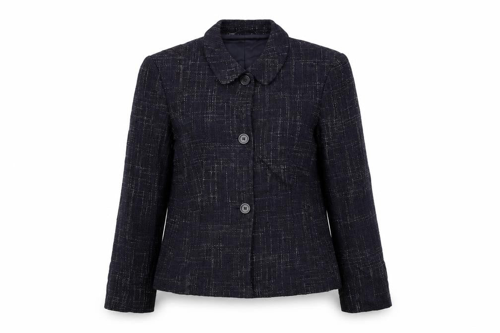 Front view of Marks & Spencer women’s blue check jacket blazer, size UK 10, button