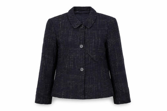 Front view of Marks & Spencer women’s blue check jacket blazer, size UK 10, button
