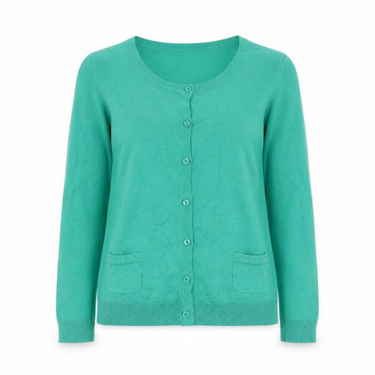 Front view of H&M women’s green round neck cotton cardigan jumper, size S