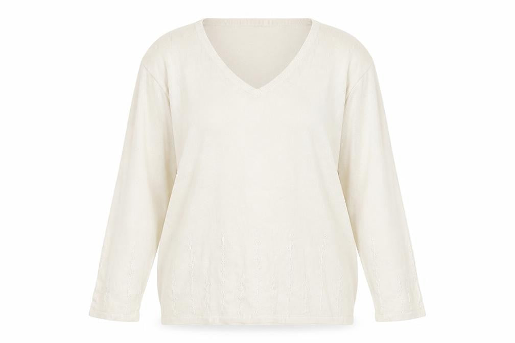 Front view of Preworn women’s white v-neck ramie jumper, size M, - flower