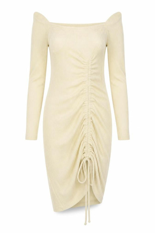 Front view of PRETTYLITTLETHING women’s ivory polyester bodycon, size UK 6, square neck pullover